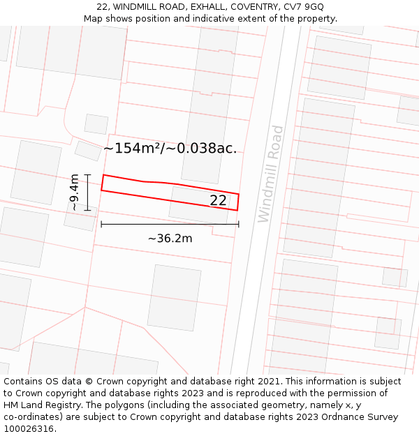 22, WINDMILL ROAD, EXHALL, COVENTRY, CV7 9GQ: Plot and title map