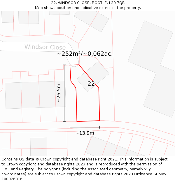 22, WINDSOR CLOSE, BOOTLE, L30 7QR: Plot and title map