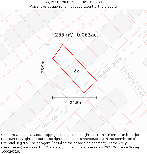 22, WINDSOR DRIVE, BURY, BL8 2DB: Plot and title map