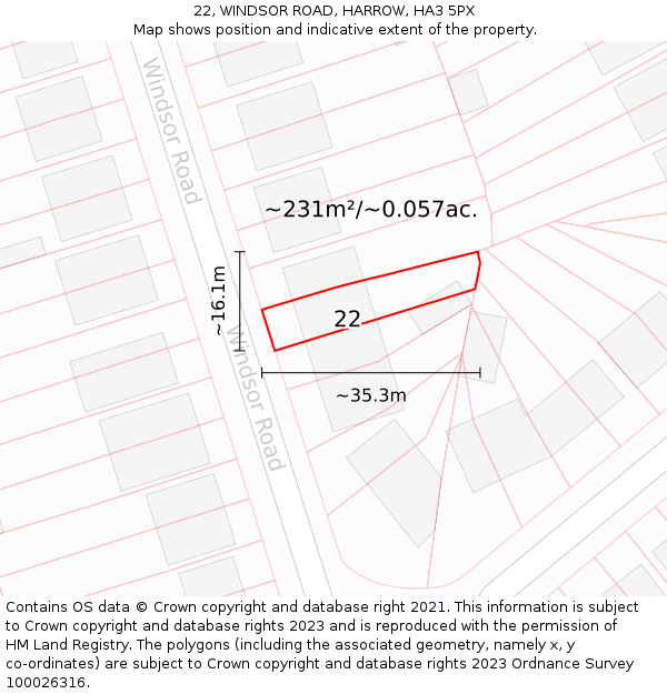22, WINDSOR ROAD, HARROW, HA3 5PX: Plot and title map