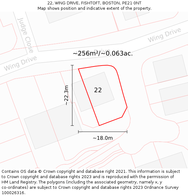 22, WING DRIVE, FISHTOFT, BOSTON, PE21 0NT: Plot and title map