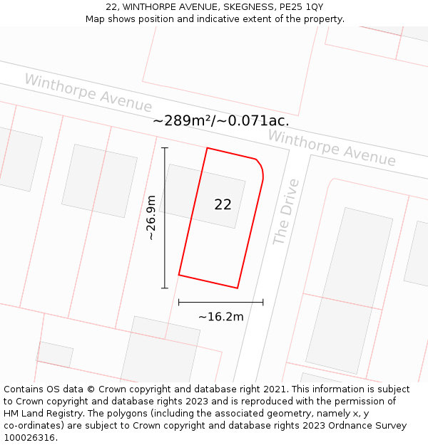 22, WINTHORPE AVENUE, SKEGNESS, PE25 1QY: Plot and title map