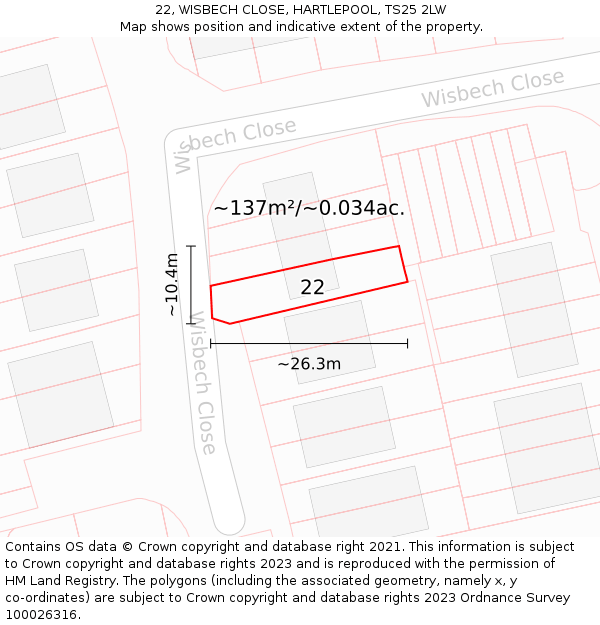 22, WISBECH CLOSE, HARTLEPOOL, TS25 2LW: Plot and title map