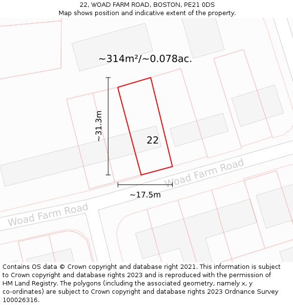 22, WOAD FARM ROAD, BOSTON, PE21 0DS: Plot and title map