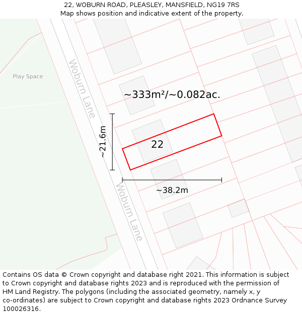 22, WOBURN ROAD, PLEASLEY, MANSFIELD, NG19 7RS: Plot and title map