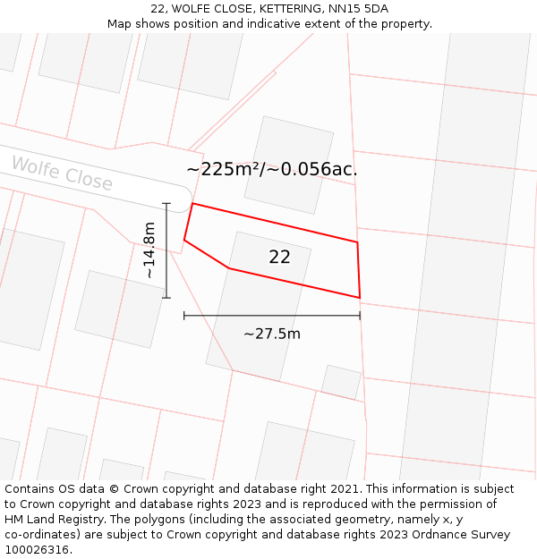 22, WOLFE CLOSE, KETTERING, NN15 5DA: Plot and title map