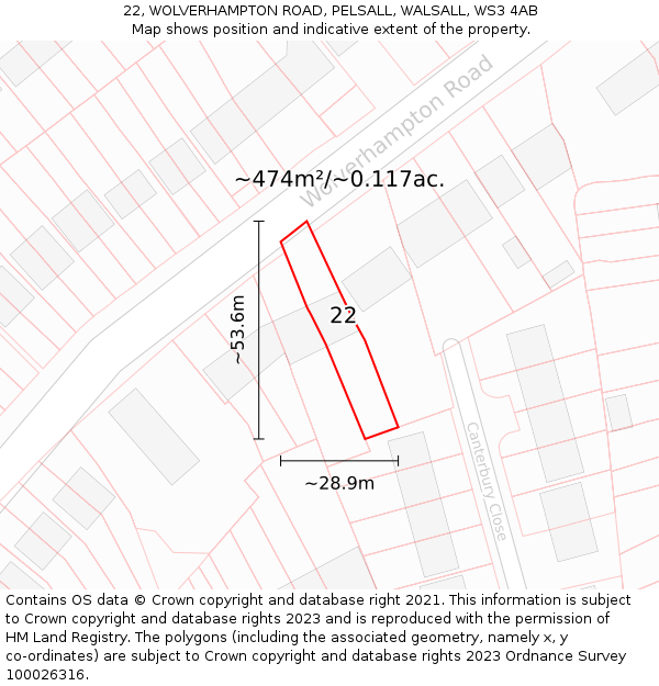 22, WOLVERHAMPTON ROAD, PELSALL, WALSALL, WS3 4AB: Plot and title map
