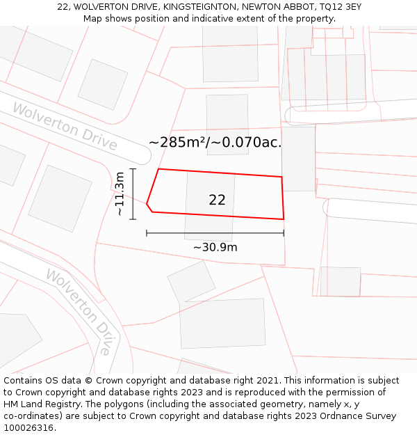 22, WOLVERTON DRIVE, KINGSTEIGNTON, NEWTON ABBOT, TQ12 3EY: Plot and title map