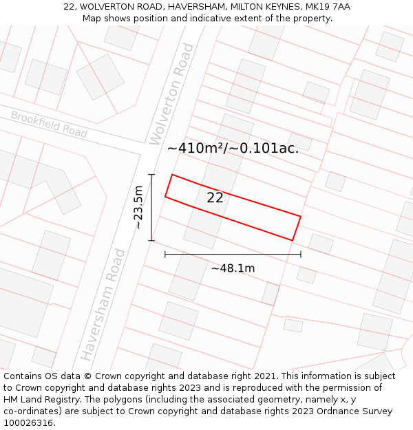 22, WOLVERTON ROAD, HAVERSHAM, MILTON KEYNES, MK19 7AA: Plot and title map