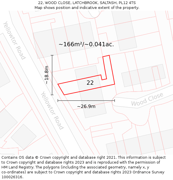 22, WOOD CLOSE, LATCHBROOK, SALTASH, PL12 4TS: Plot and title map