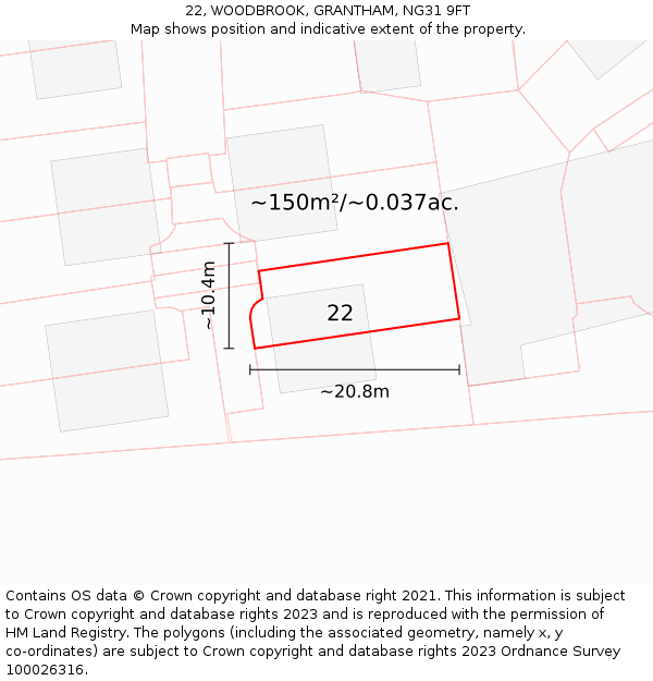 22, WOODBROOK, GRANTHAM, NG31 9FT: Plot and title map
