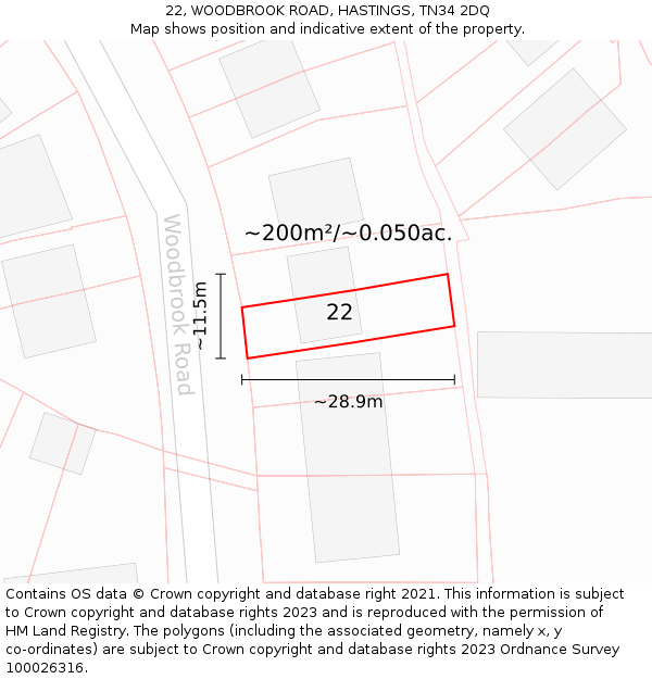 22, WOODBROOK ROAD, HASTINGS, TN34 2DQ: Plot and title map