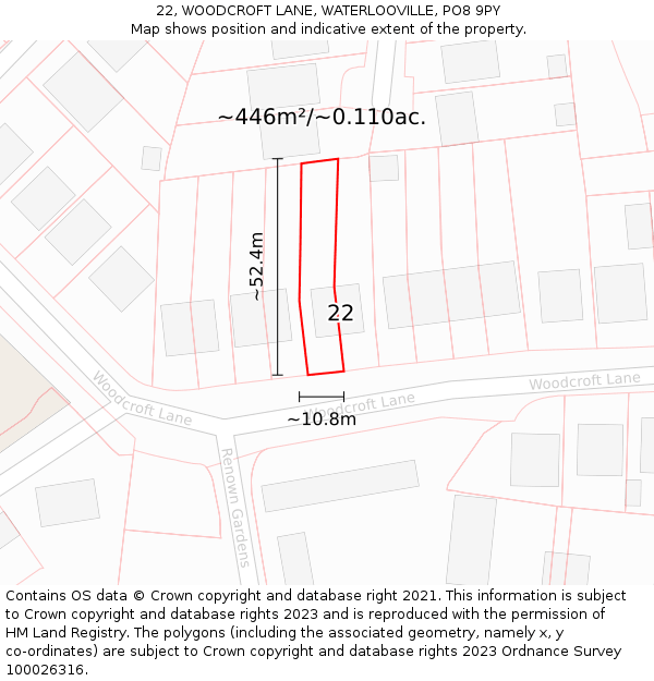 22, WOODCROFT LANE, WATERLOOVILLE, PO8 9PY: Plot and title map