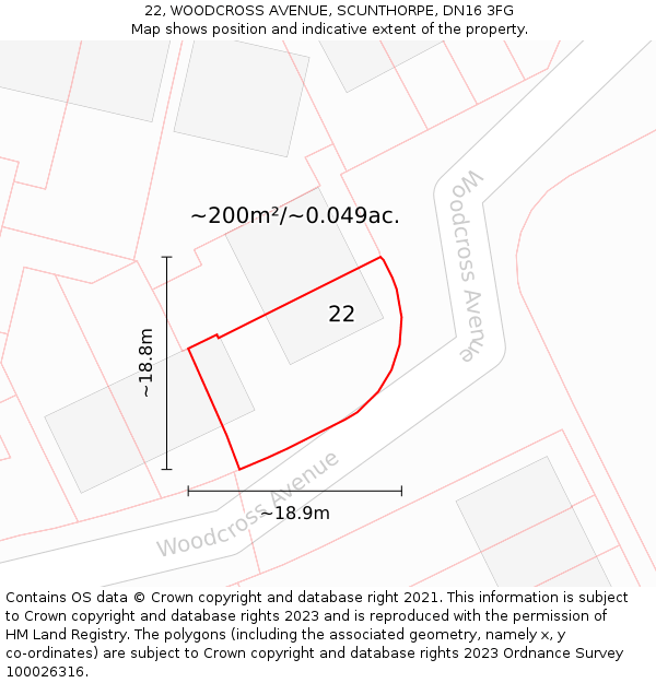 22, WOODCROSS AVENUE, SCUNTHORPE, DN16 3FG: Plot and title map
