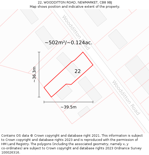 22, WOODDITTON ROAD, NEWMARKET, CB8 9BJ: Plot and title map