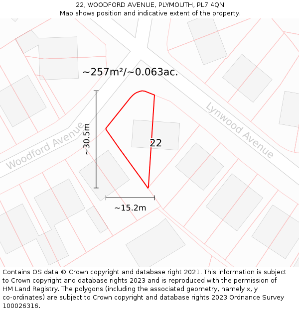 22, WOODFORD AVENUE, PLYMOUTH, PL7 4QN: Plot and title map