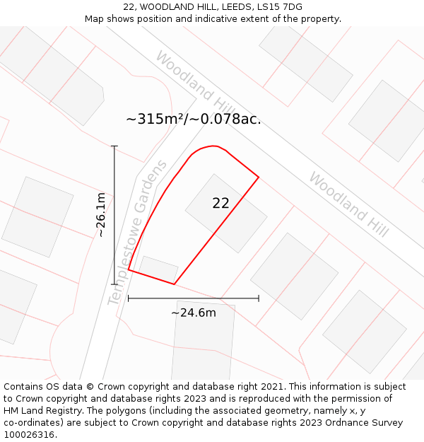 22, WOODLAND HILL, LEEDS, LS15 7DG: Plot and title map