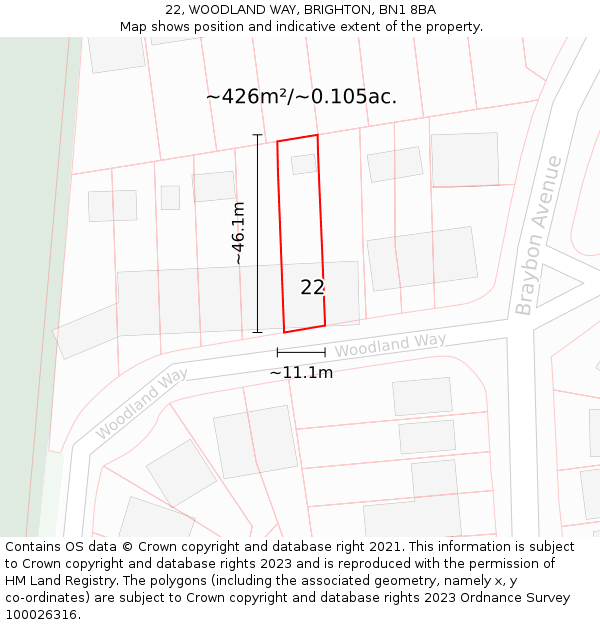 22, WOODLAND WAY, BRIGHTON, BN1 8BA: Plot and title map