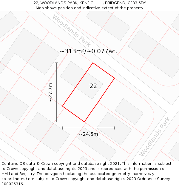 22, WOODLANDS PARK, KENFIG HILL, BRIDGEND, CF33 6DY: Plot and title map