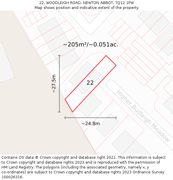 22, WOODLEIGH ROAD, NEWTON ABBOT, TQ12 1PW: Plot and title map