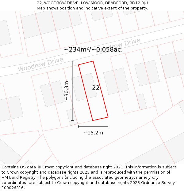 22, WOODROW DRIVE, LOW MOOR, BRADFORD, BD12 0JU: Plot and title map