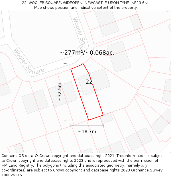 22, WOOLER SQUARE, WIDEOPEN, NEWCASTLE UPON TYNE, NE13 6NL: Plot and title map
