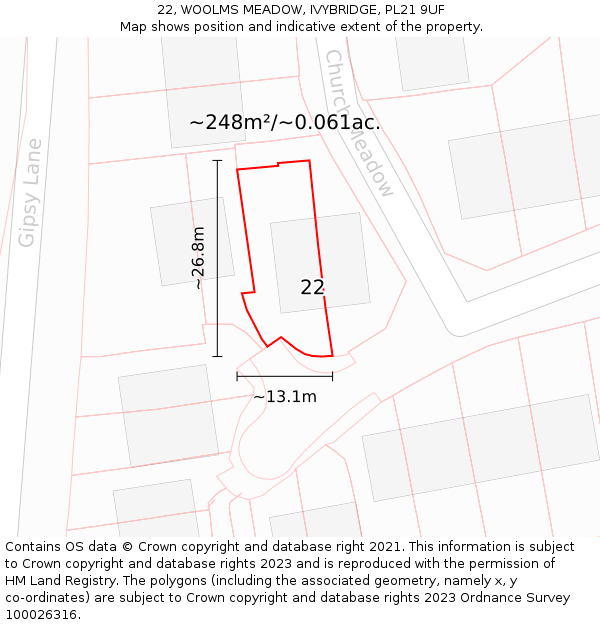 22, WOOLMS MEADOW, IVYBRIDGE, PL21 9UF: Plot and title map