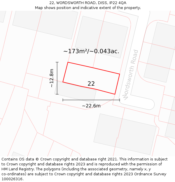 22, WORDSWORTH ROAD, DISS, IP22 4QA: Plot and title map
