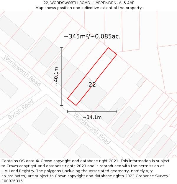 22, WORDSWORTH ROAD, HARPENDEN, AL5 4AF: Plot and title map
