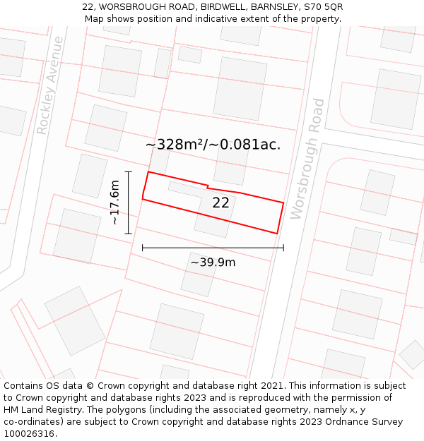 22, WORSBROUGH ROAD, BIRDWELL, BARNSLEY, S70 5QR: Plot and title map