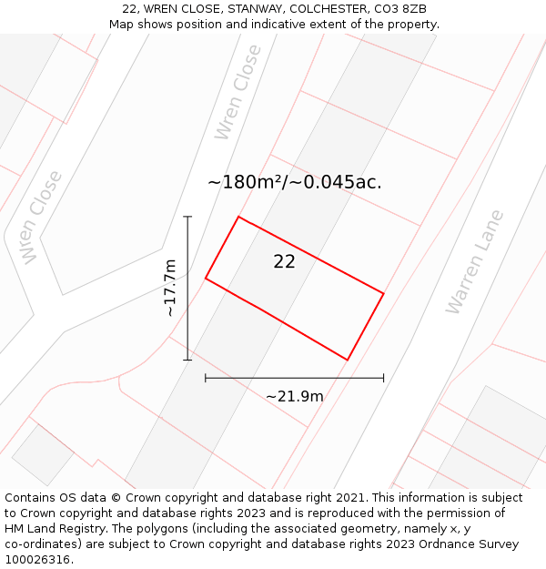 22, WREN CLOSE, STANWAY, COLCHESTER, CO3 8ZB: Plot and title map