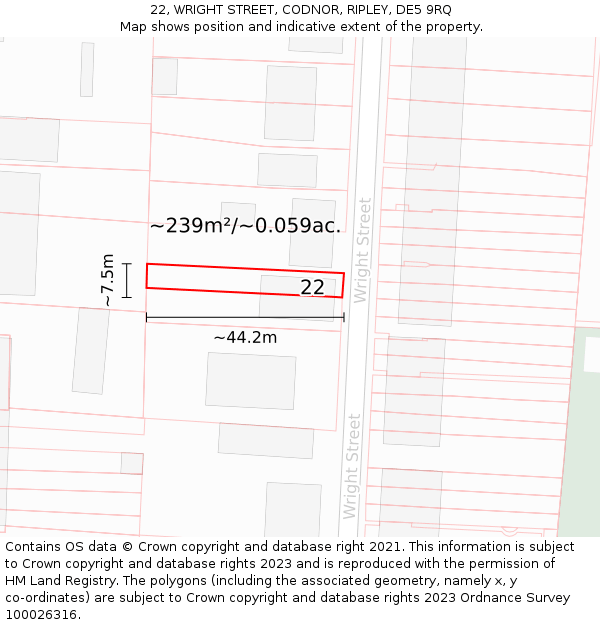 22, WRIGHT STREET, CODNOR, RIPLEY, DE5 9RQ: Plot and title map