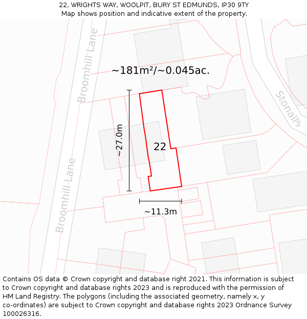 22, WRIGHTS WAY, WOOLPIT, BURY ST EDMUNDS, IP30 9TY: Plot and title map