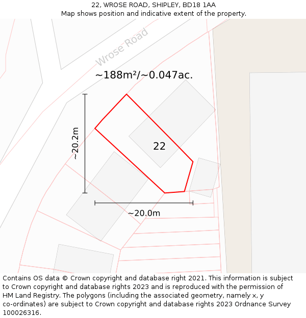 22, WROSE ROAD, SHIPLEY, BD18 1AA: Plot and title map