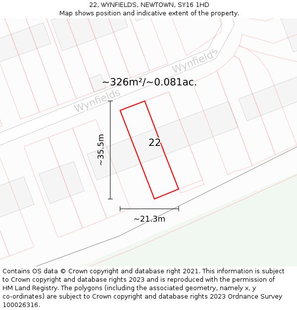 22, WYNFIELDS, NEWTOWN, SY16 1HD: Plot and title map