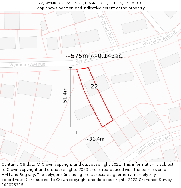 22, WYNMORE AVENUE, BRAMHOPE, LEEDS, LS16 9DE: Plot and title map