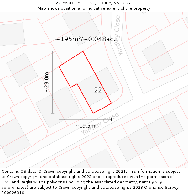 22, YARDLEY CLOSE, CORBY, NN17 2YE: Plot and title map