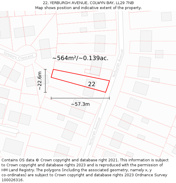 22, YERBURGH AVENUE, COLWYN BAY, LL29 7NB: Plot and title map