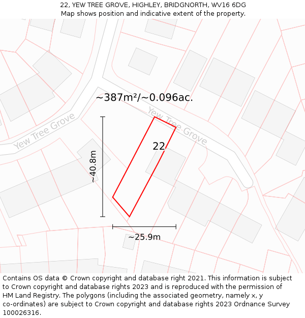 22, YEW TREE GROVE, HIGHLEY, BRIDGNORTH, WV16 6DG: Plot and title map