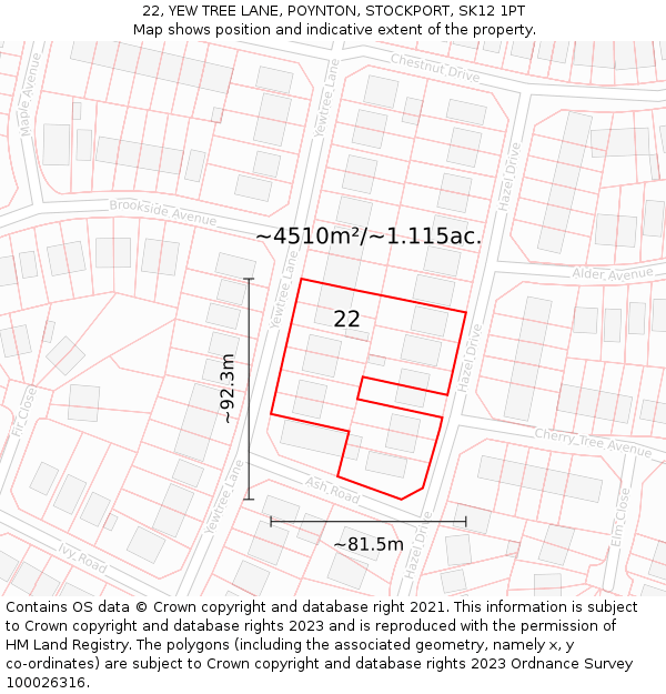 22, YEW TREE LANE, POYNTON, STOCKPORT, SK12 1PT: Plot and title map