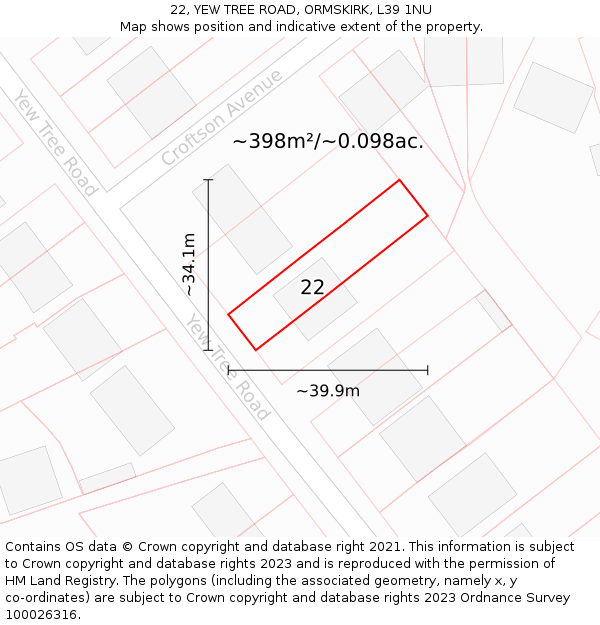 22, YEW TREE ROAD, ORMSKIRK, L39 1NU: Plot and title map