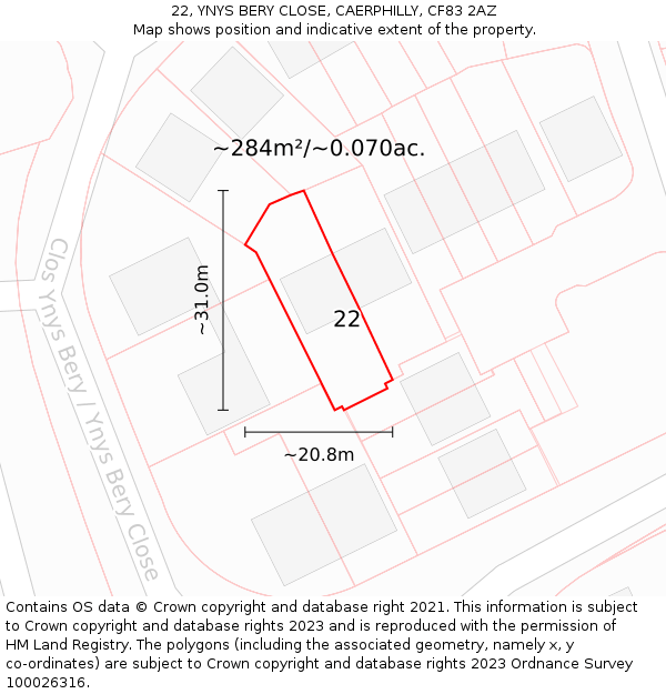 22, YNYS BERY CLOSE, CAERPHILLY, CF83 2AZ: Plot and title map