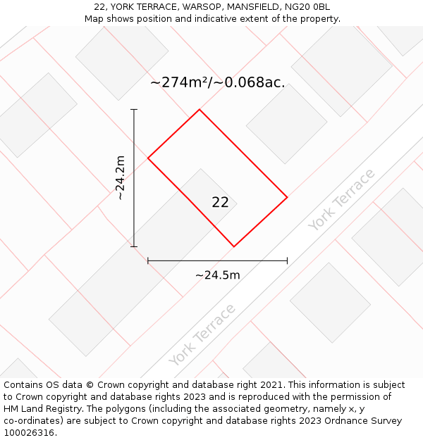 22, YORK TERRACE, WARSOP, MANSFIELD, NG20 0BL: Plot and title map