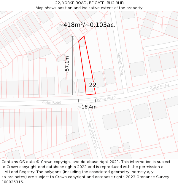 22, YORKE ROAD, REIGATE, RH2 9HB: Plot and title map