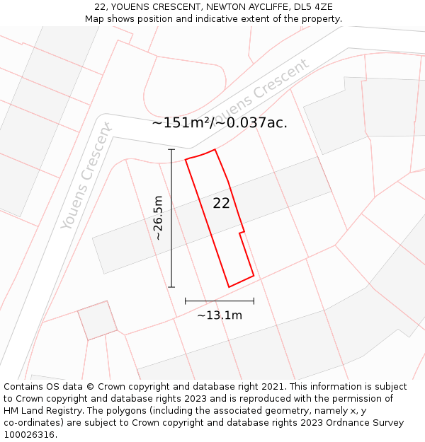 22, YOUENS CRESCENT, NEWTON AYCLIFFE, DL5 4ZE: Plot and title map