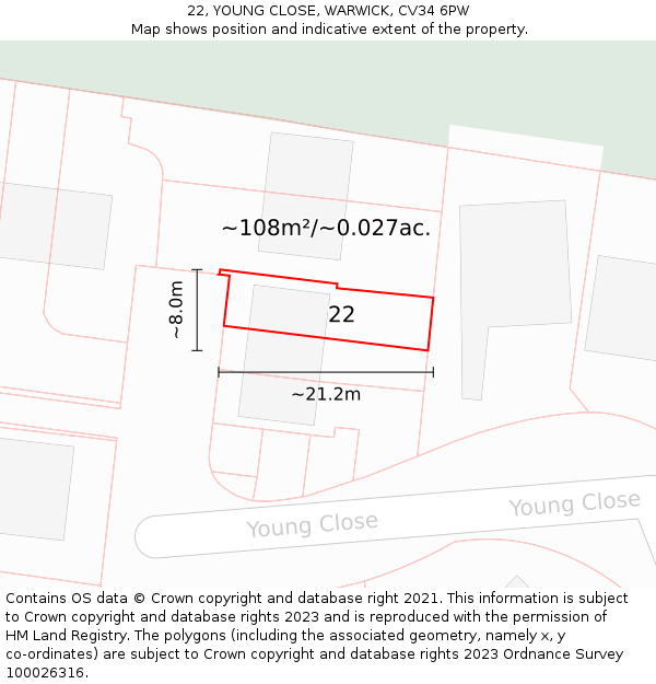 22, YOUNG CLOSE, WARWICK, CV34 6PW: Plot and title map