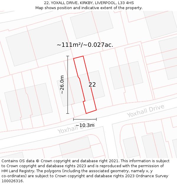 22, YOXALL DRIVE, KIRKBY, LIVERPOOL, L33 4HS: Plot and title map