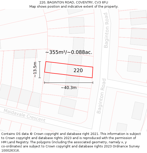 220, BAGINTON ROAD, COVENTRY, CV3 6FU: Plot and title map