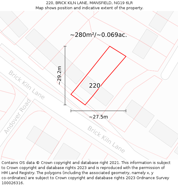 220, BRICK KILN LANE, MANSFIELD, NG19 6LR: Plot and title map