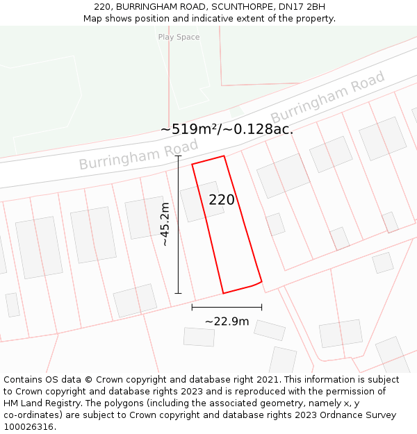 220, BURRINGHAM ROAD, SCUNTHORPE, DN17 2BH: Plot and title map